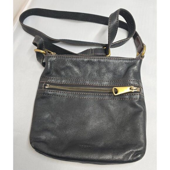 Fossil Black Leather Crossbody Bag With Brass Accents distressing - Picture 1 of 9